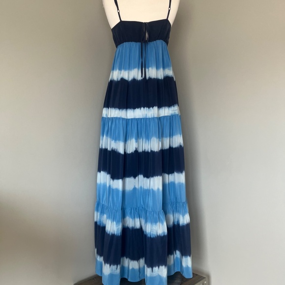 Gerard Darel Silk Maxi Navy Blue Striped Tiered Cocktail Flowy Printed Dress 6 - Picture 3 of 13